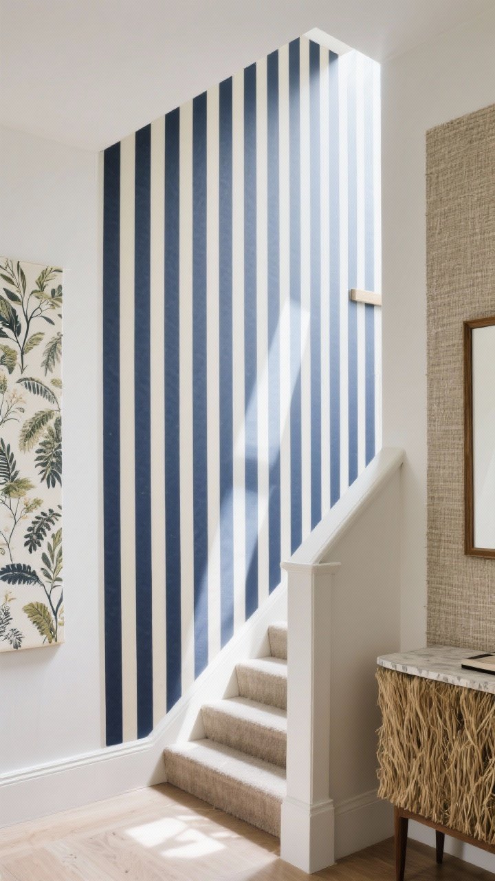 Photorealistic wide shot of a stair landing wall clad in statement wallpaper: bold vertical navy-and-cream stripes elongating the space; alternate detail panel showing a botanical print option on an adjacent short wall; textured grasscloth sample framed on a console to hint at materiality; peel-and-stick installation implied by a small exposed corner; bright indirect daylight, crisp shadows; straight-on perspective emphasizing pattern impact.