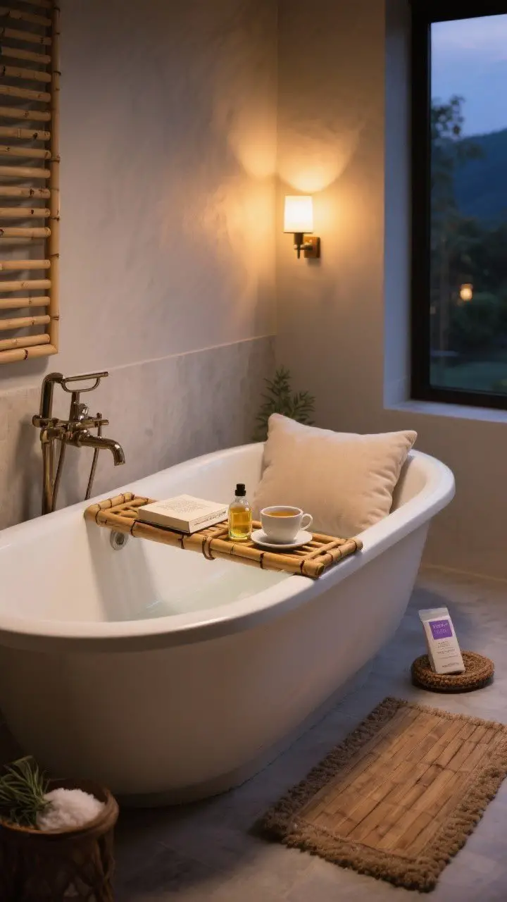 Photorealistic wide shot of a tub sanctuary at evening: freestanding tub with a bamboo bath caddy holding a book, tea cup, and bath oil; plush bath pillow; dimmed warm lighting from sconces; small cushioned rug or teak mat at the tub edge; Epsom salts labeled lavender/rosemary nearby; calm, soothing atmosphere