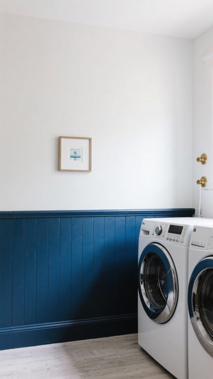 Photorealistic wide shot of a two-tone painted wall with DIY wainscoting: lower portion in deep navy semi-gloss with simple box trim panels, upper wall in crisp white satin; front-load machines, minimal decor; brass knob accents and a small framed print tie in; soft daylight emphasizes the color contrast and wipeable finishes; overall vibe is crisp, coastal-fresh.