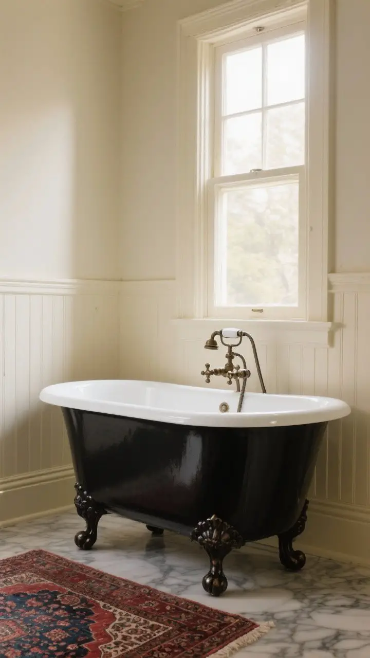 Photorealistic wide shot of a Victorian-inspired bathroom centered on a clawfoot tub by a tall window; the tub has roll-top edges, cast-iron body with glossy black exterior and white interior, and ball-and-claw feet; a freestanding tub filler with cross handles and handheld sprayer sits beside it; waist-height wainscoting runs behind the tub, painted in deep cream; a small Persian-style rug in muted reds and blues lies underfoot; soft morning natural light streams through the window, highlighting marble baseboards and subtle sheen on the wainscot.