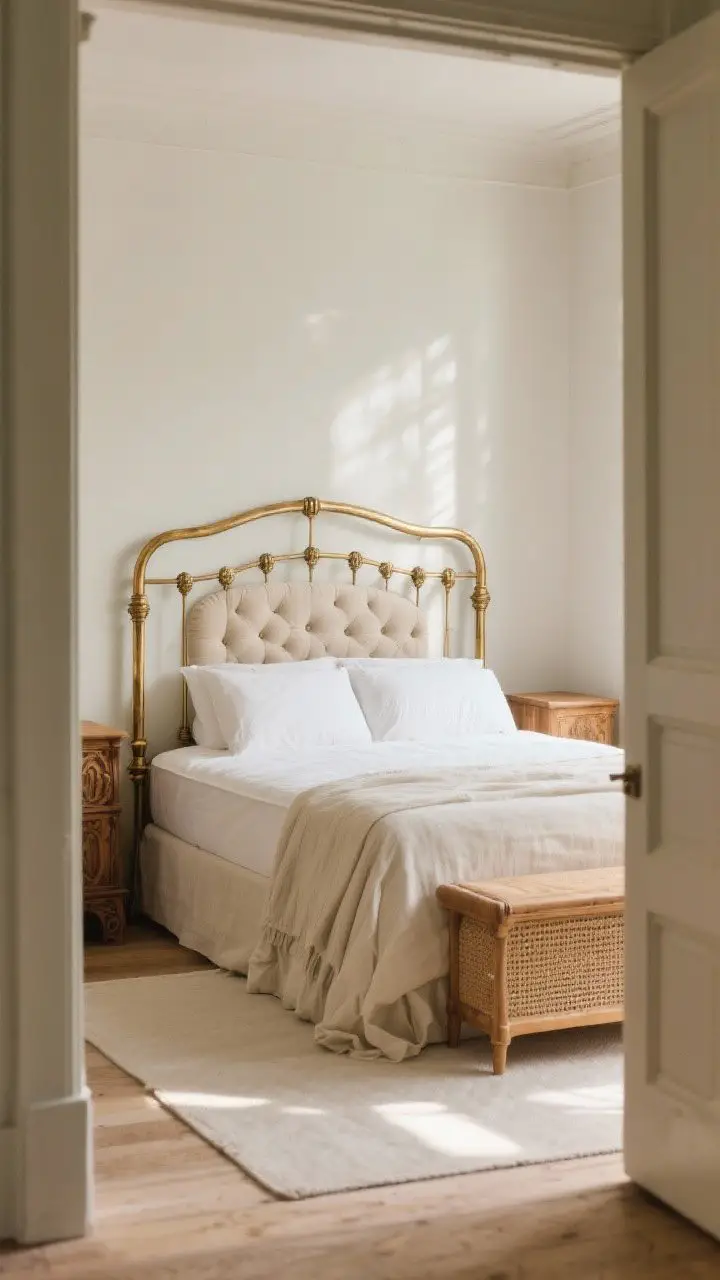 Photorealistic wide shot of a vintage-inspired bedroom anchored by a statement bed: an antique brass frame with curved headboard, spindle details, and gentle patina, dressed with tufted linen headboard cushion feel, modern mattress hidden under vintage-style linens. Include carved wood side accents like a cane-insert bench at the foot. Soft natural morning light, muted palette with warm brass, honey wood, and cream textiles. Angle from the doorway, showing the bed centered as the focal point; no people.