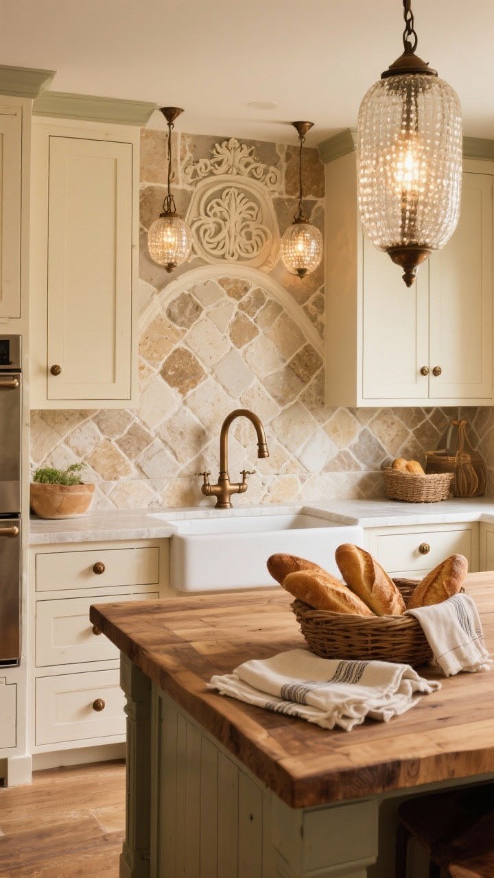 Photorealistic wide shot of a warm, Old World-inspired kitchen: tumbled travertine backsplash laid in a Versailles (French) pattern with soft edges. Cream glazed cabinets with antique bronze knobs, butcher block island centered. Seeded glass lanterns overhead casting gentle sparkle, bronze bridge faucet at the sink. Finishing touches: a basket of fresh baguettes and linen tea towels on the island. Soft, inviting lighting.