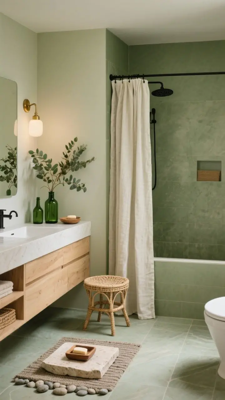 Photorealistic wide shot of an earthy, organic green bathroom: sage and olive accents paired with natural textures—light oak vanity, rattan stool, linen shower curtain, travertine trays, pebble stone bath mat, and green glass bottles. Brass or matte black as a single metal, neutral foundation on walls/floor. Soft, spa-like lighting with a eucalyptus bundle and cedar soap dish completing the layered, calming ambiance.