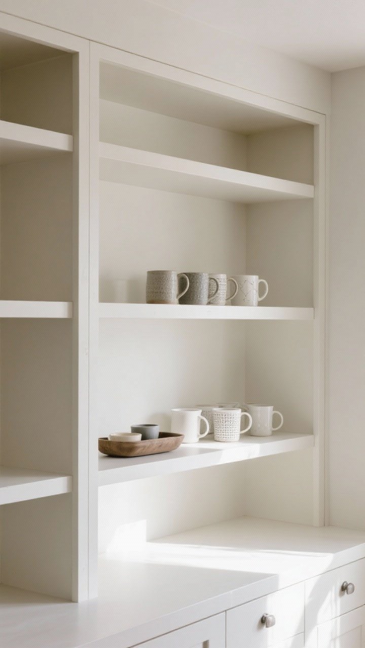 Photorealistic wide shot of an edited hutch showcasing negative space. Limit to 3–5 groupings per shelf with clear breathing room. Remove duplicates—only 4–6 mugs displayed. Corral small items in a single tray or bowl rather than scattered. The empty spaces read intentional and high-end, with textures and shapes standing out. Bright, even daylight, slightly elevated angle capturing multiple shelves.