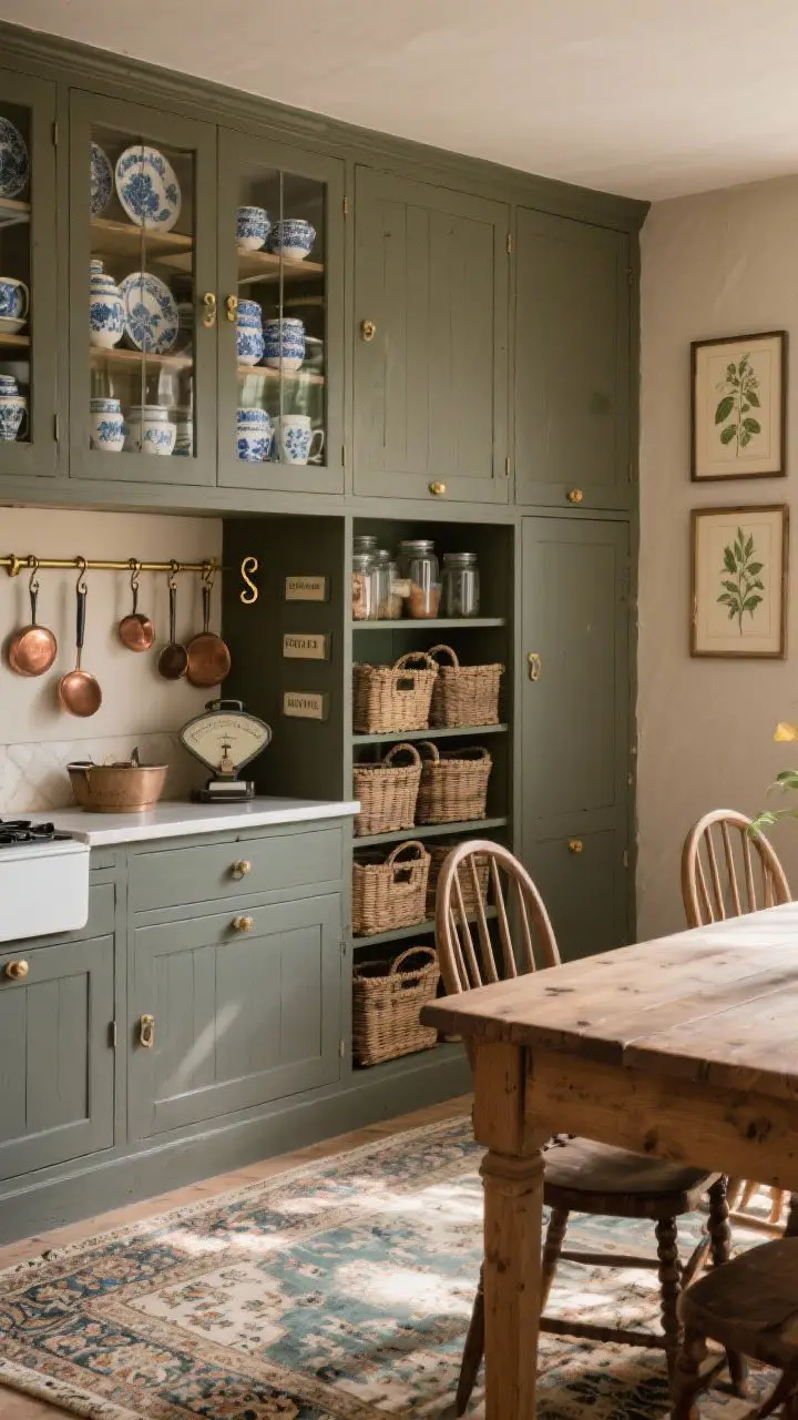 Photorealistic wide shot of an English pantry kitchen: deep olive/mushroom gray cabinets with glass-front uppers displaying stacked ironstone and blue transferware; freestanding pantry cupboard lined with labeled jars and worn wicker baskets; brass rail with S-hooks holding copper utensils; faded Persian rug on floor; scrubbed pine table with spindle-back chairs; framed botanical prints and vintage scales on counter; warm, lived-in afternoon light