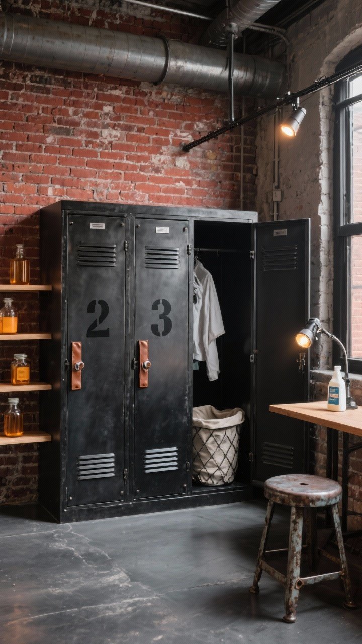 Photorealistic wide shot of an industrial loft laundry nook: exposed brick walls, charcoal concrete floors, custom blackened steel unit. Inside, three vented steel lockers serve as concealed hampers with number stencils and leather pulls; doors slightly open to reveal laundry bags. Open shelves hold amber jars and detergent decanters; salvaged factory stool; adjustable track spotlight casting focused pools of light. Palette: brick red, charcoal, blackened steel, warm wood accents. Gritty-chic, utilitarian mood.