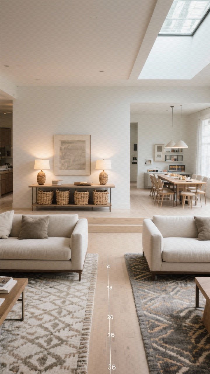 Photorealistic wide shot of an open-plan space with two sofas placed back-to-back creating two distinct zones: a living area on one side, a reading or dining zone on the other; a console table behind one sofa styled with twin lamps and woven baskets for storage; clear 36-inch walking paths behind both couches; coordinated rugs—different patterns but same color palette—to define zones; overhead daylight plus console lamp glow; slight overhead perspective to highlight circulation and zoning