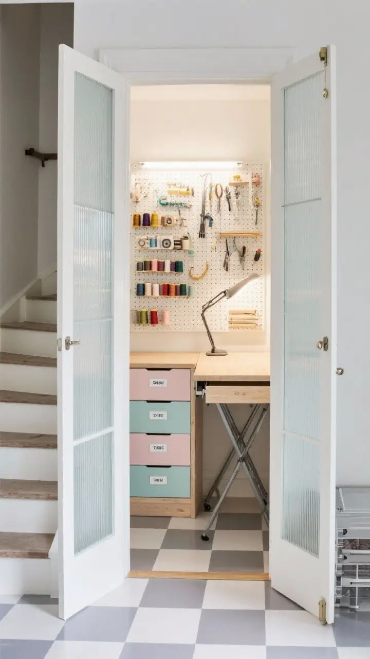 Photorealistic wide shot of an under-stairs craft wardrobe: tall doors with ribbed glass slightly open to reveal pull-out pegboard panels holding tools and thread spools, a fold-down table in the central bay, crisp task lighting, labeled drawers in soft pastel hues, checkerboard patterned vinyl floor for easy cleanup; bright, organized studio feel; no people.