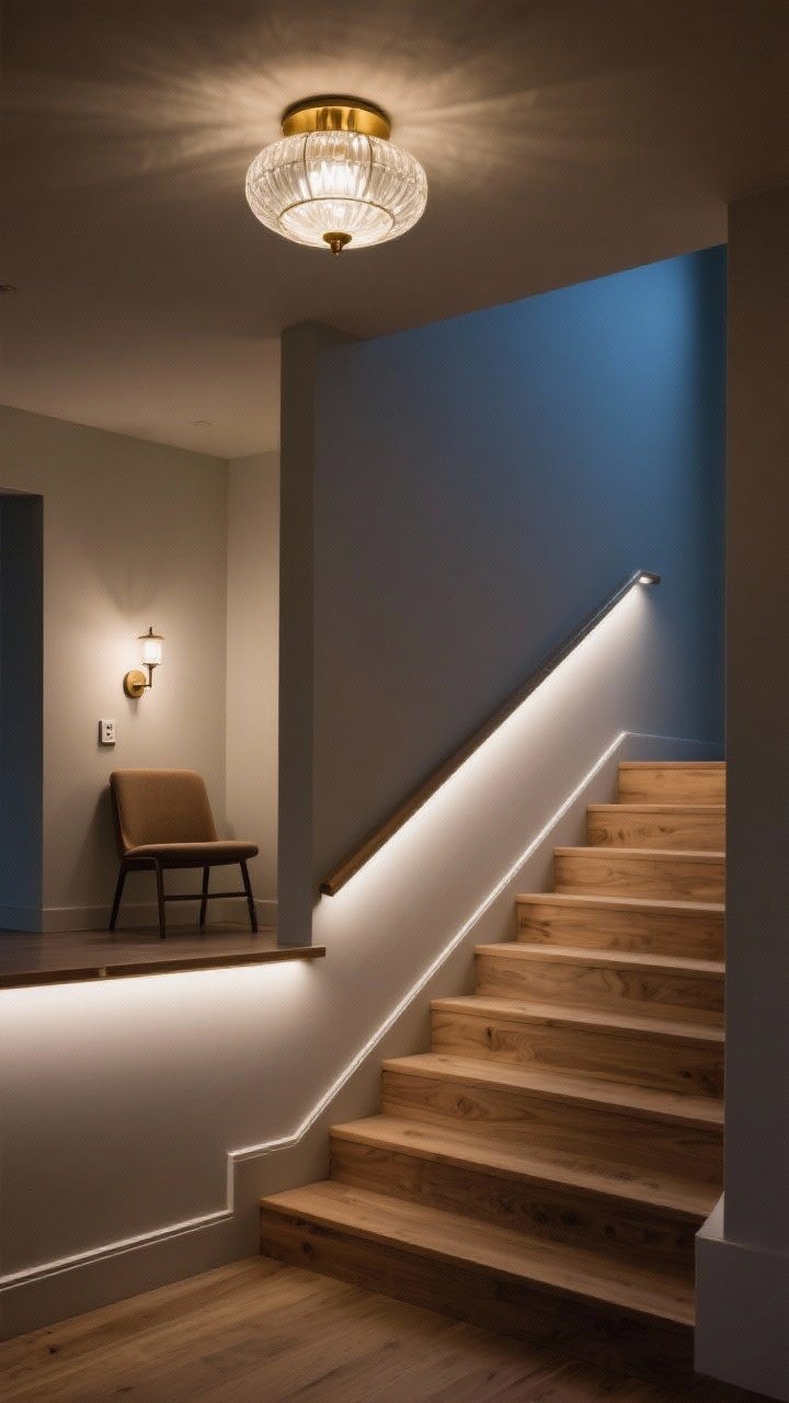 Photorealistic wide shot of layered lighting on a stair landing: a semi-flush ceiling fixture with a brass-and-opal glass design for ambient light, a plug-in sconce near a chair for task lighting, and subtle LED strip lights under the handrail and along the baseboard for a gentle glow; dim, moody evening lighting to showcase layers; painted neutral walls, light oak stairs; angle from the bottom of the stairs looking up.