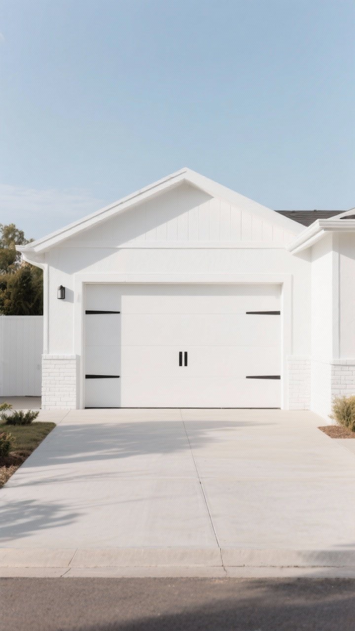 Photorealistic wide, straight-on exterior shot of a modern garage done in crisp white-on-white minimalism: white garage door, white walls, white trim, slightly warm white tone like “Swiss Coffee,” semi-gloss/satin finish reflecting daylight, matte black hardware for subtle contrast; bright natural light amplifying the space; clean driveway, no people, neutral landscaping to emphasize the bright, airy look.