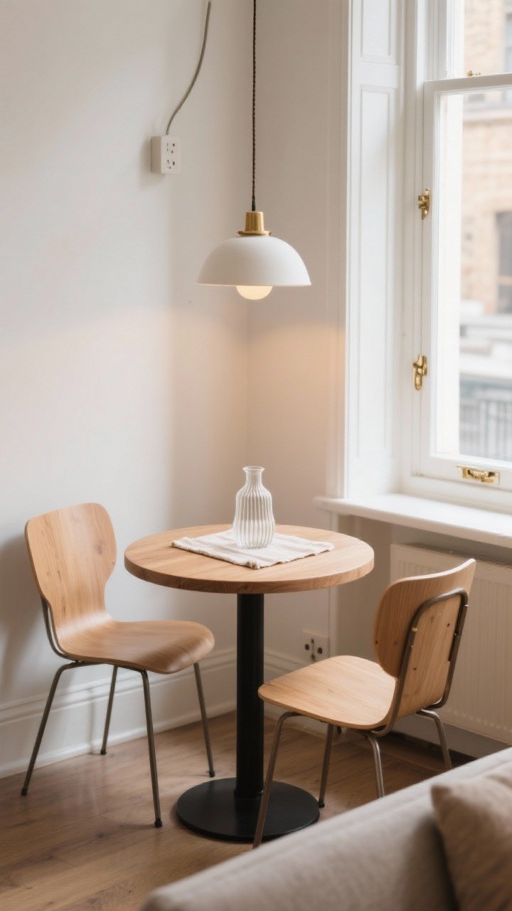 Photorealistic window-adjacent medium shot: a petite round café table (24–30 inches) in soft oak with two lightweight bistro chairs; a small plug-in pendant overhead with a warm white shade for intimate glow; table styled with a fluted glass vase and a linen runner folded in thirds; near a sunny corner window with soft daylight; color story of soft oak, warm white, and brass or nickel hardware; European café meets living room vibe.
