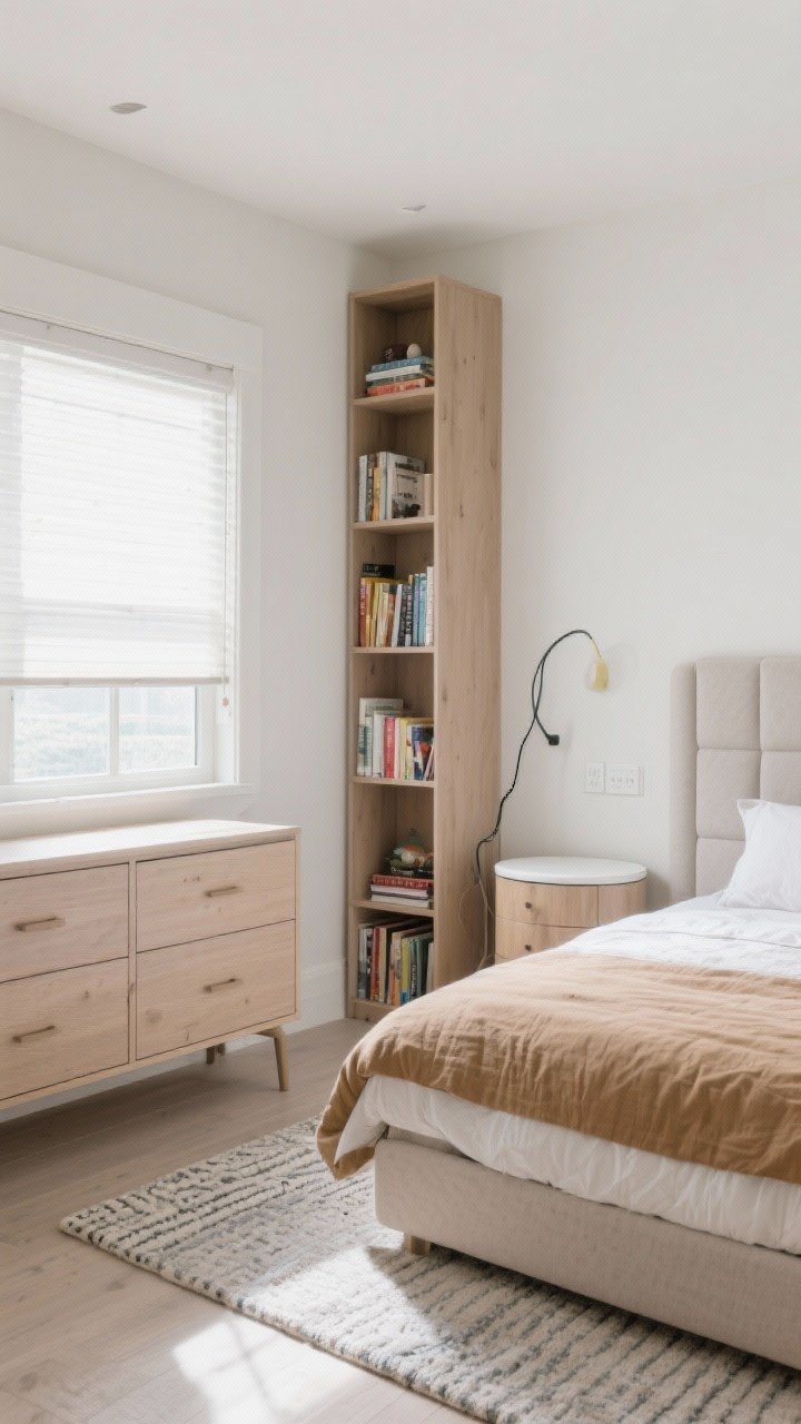 Practical safety-focused wide shot: dresser and tall bookcase visibly anchored to the wall, rounded-edge nightstand, padded headboard, cordless window shades, tidy cord management along the baseboard; washable elements like a machine-washable rug and removable duvet cover; clean, family-friendly finishes under soft daylight