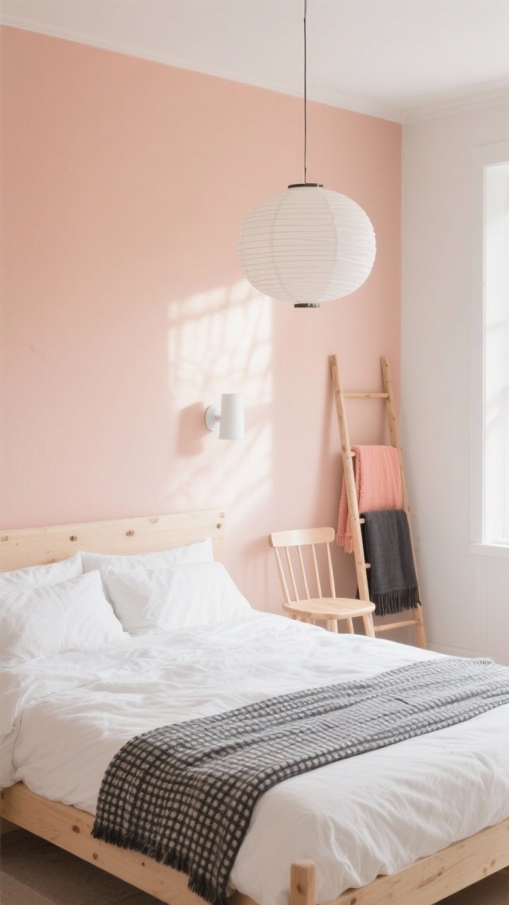 Scandinavian ease bedroom, medium shot; barely-there pale peach walls giving a sunlit glow; light birch bed; spindle-back chair; simple ladder for throws; palette of white, birch, charcoal accents, soft coral details; simple paper lantern overhead; slim matte white wall sconces; crisp white bedding topped with a graphite grid blanket; airy, cheerful natural light; photorealistic.