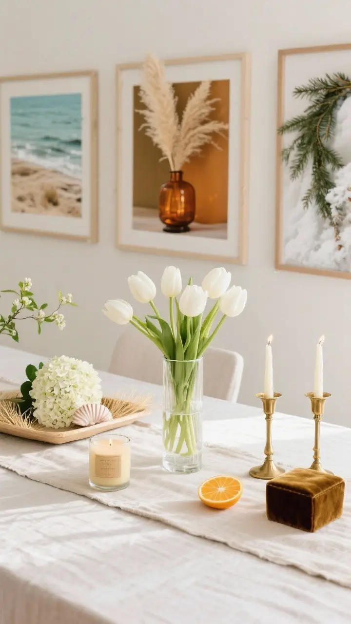 Seasonal styling medium shot with subtle swaps: spring setup featuring white tulips in a clear glass vase, a citrus-scented candle, and a light linen runner; alternate vignettes included in frame edges—summer sea grass tray with hydrangeas and a shell accent, fall amber glass with pampas, winter evergreen sprigs with brass candlesticks and velvet box; gentle natural light.