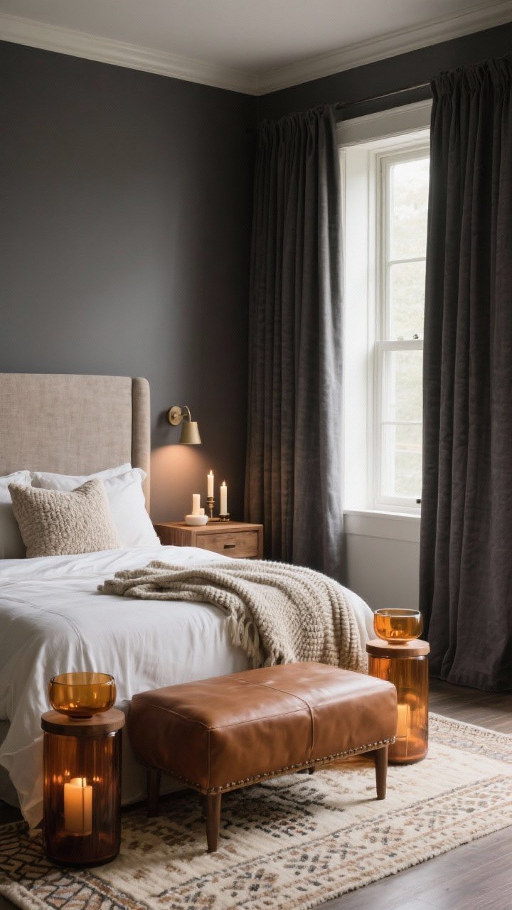 Soft charcoal greige sanctuary, detailed corner view; deep warm charcoal greige walls; linen slipcovered headboard in warm stone; layered neutrals: boucle pillows, knit throw, sateen sheets; cognac leather ottoman; oak nightstands; amber-tinted glass accents; dimmable bedside sconces, taper candles, soft uplight in the corner; handwoven Moroccan cream rug lifting the palette; charcoal drapes framing window; restful, luxe mood; photorealistic.
