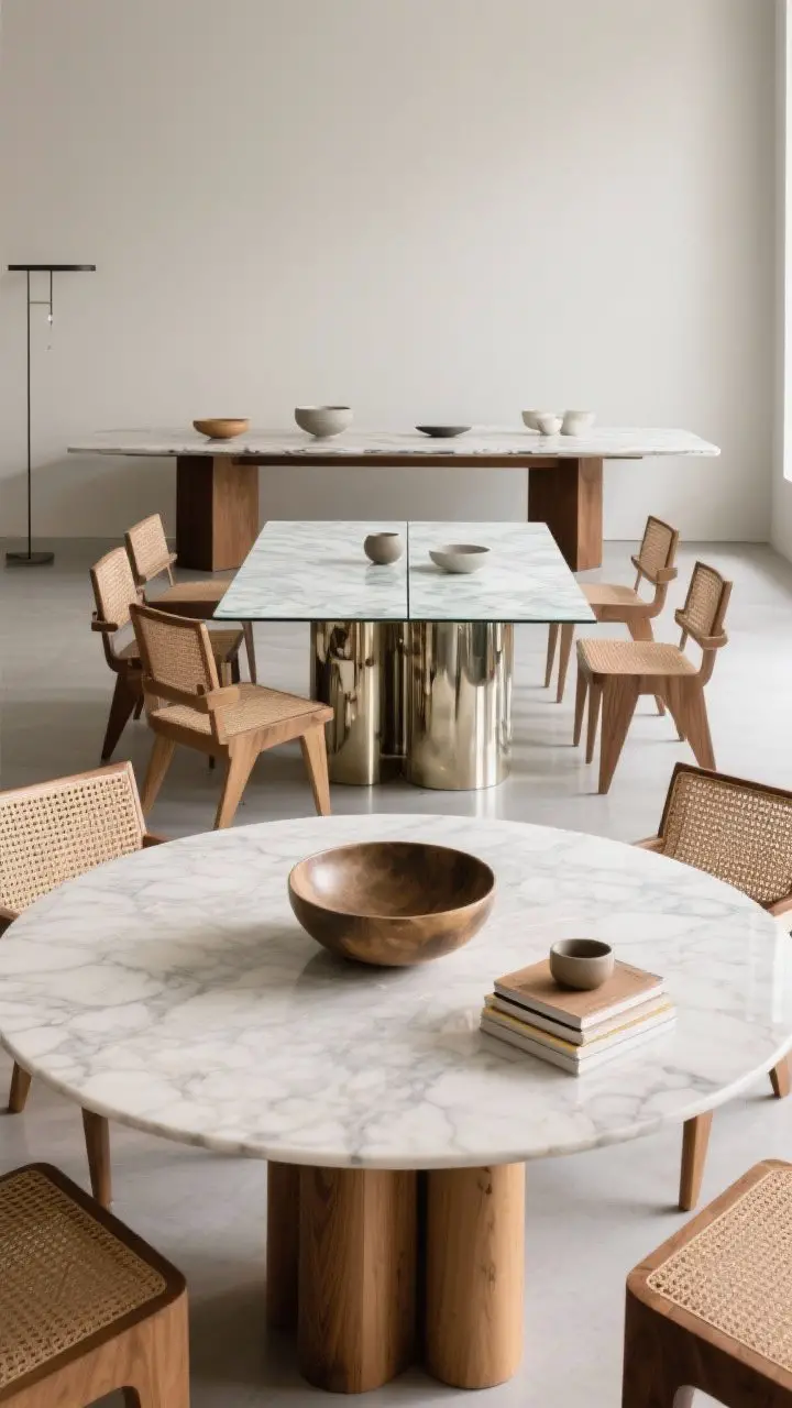 Split-perspective medium shot demonstrating table-specific styling: foreground round table with one strong centerpiece (a bowl) plus a small book stack; background shows a square table arranged in four zones and a long rectangular table with two groupings along its length; materials varied—glass warmed with woven textures, wood paired with glossy metallics, marble softened with matte ceramics; clear, even light.