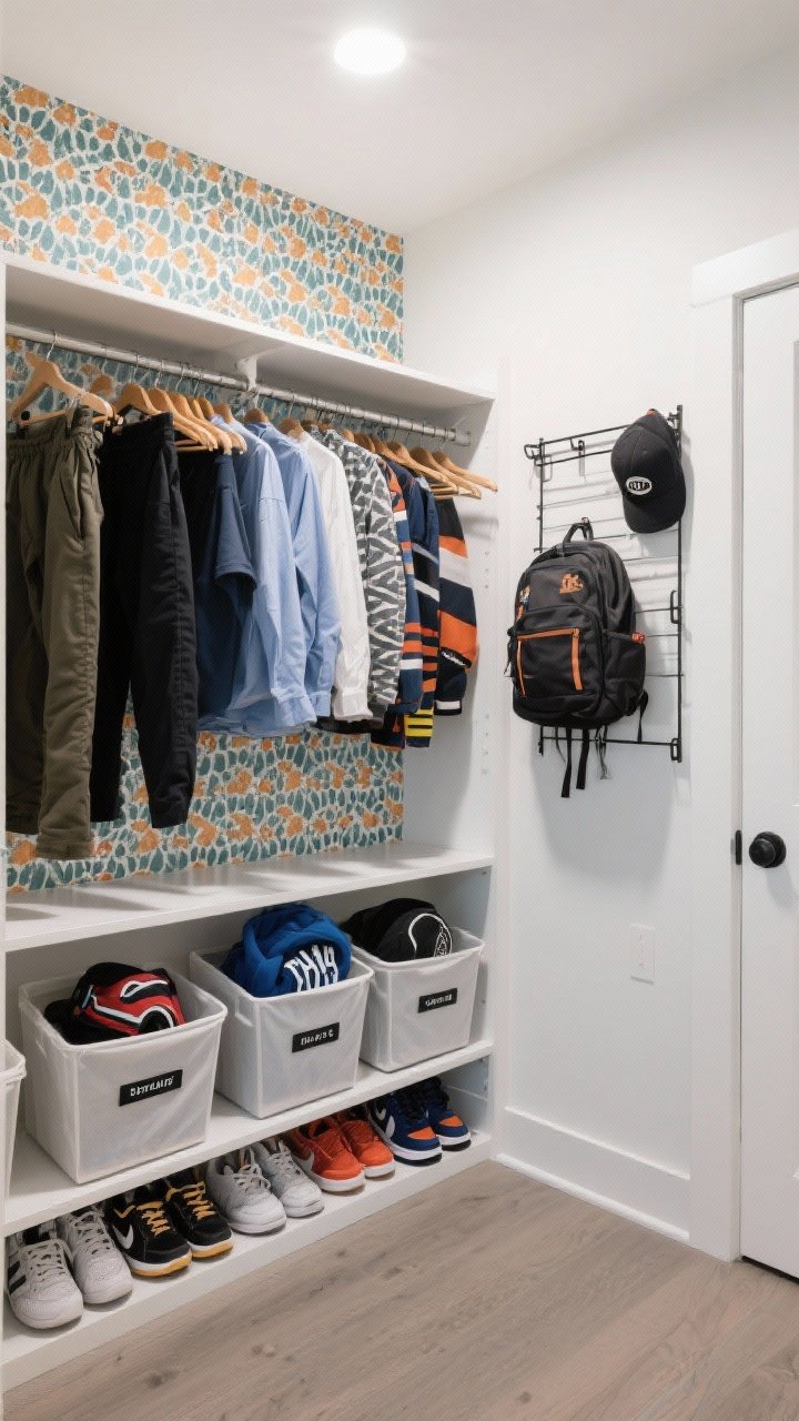 Straight-on closet interior shot: Optimized closet system. Double hanging rods—shirts on top, pants below; open labeled bins for hoodies and sports gear; over-the-door rack for hats and backpack; low shoe shelves lined with sneakers. Fun surprise of removable patterned wallpaper on the back wall. Bright, even closet lighting.