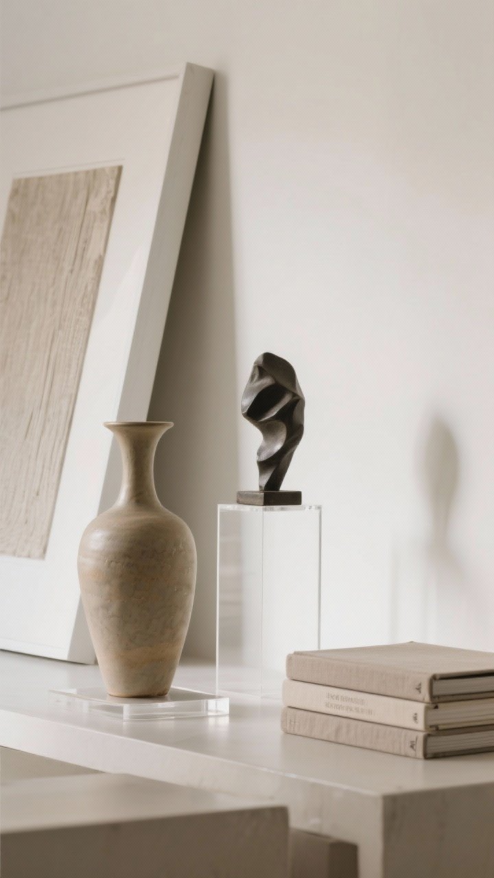 Straight-on closeup showing height changes and risers: a tall ceramic vase, a mid-height sculpture elevated on a discreet clear acrylic stand, and a low stack of linen-bound books. Overlap with a leaning frame behind but keep art visible. Emphasize vertical variation and depth; soft, even daylight to avoid harsh shadows.