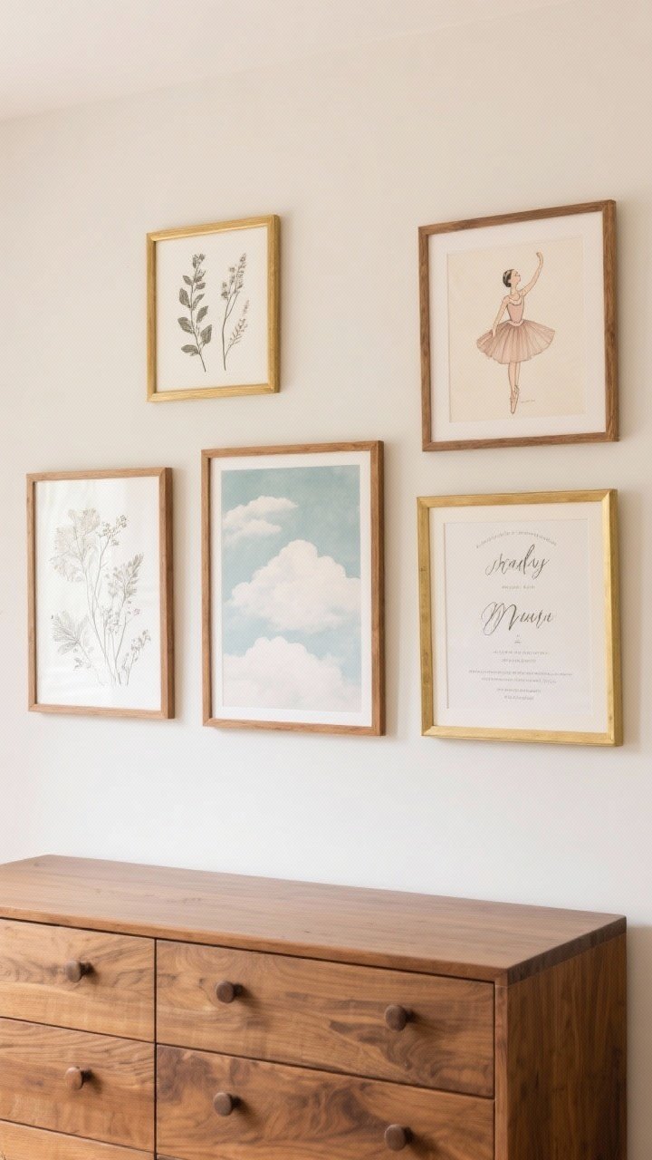 Straight-on detail view: A curated gallery wall above a dresser with three to five frames in matching oak or brass finish, mixing botanical line drawings, dreamy cloud art, and a vintage-style ballerina illustration; personal touches include her name in elegant script and a framed birth announcement; cohesive, intentional arrangement with gentle daylight.