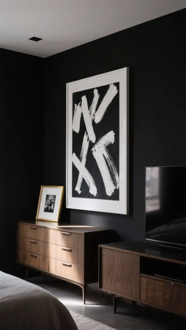 Straight-on medium: Art that pops on black walls—a large abstract canvas with white and bold strokes in a white frame above a dresser; a smaller monochrome photograph in a brass frame leaning casually on the dresser; soft directional light creates gallery-like focus while keeping the room moody; TV subtly blends into the dark background, not the focal point.