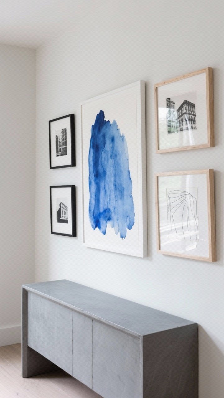 Straight-on medium shot: A curated gallery wall above a gray console, featuring blue-toned art—watercolors, black-and-white architectural photography, and minimalist line drawings—in coordinated but varied frames (black, white, and light wood); layout anchored by the largest piece slightly off-center; neutral styling, gentle daylight.