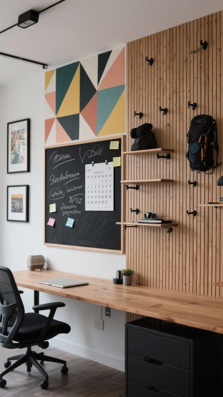 Straight-on medium shot: A feature wall that doubles as a productivity hub—magnetic paint and chalkboard combo panel with handwritten notes and a monthly calendar, adjacent slat wall panels with hooks and slim shelves for gear, geometric acoustic panels in a playful color pattern, a simple gallery rail with swappable art; tight palette of two colors with black and wood accents, styled desk in front, Zoom-friendly backdrop.