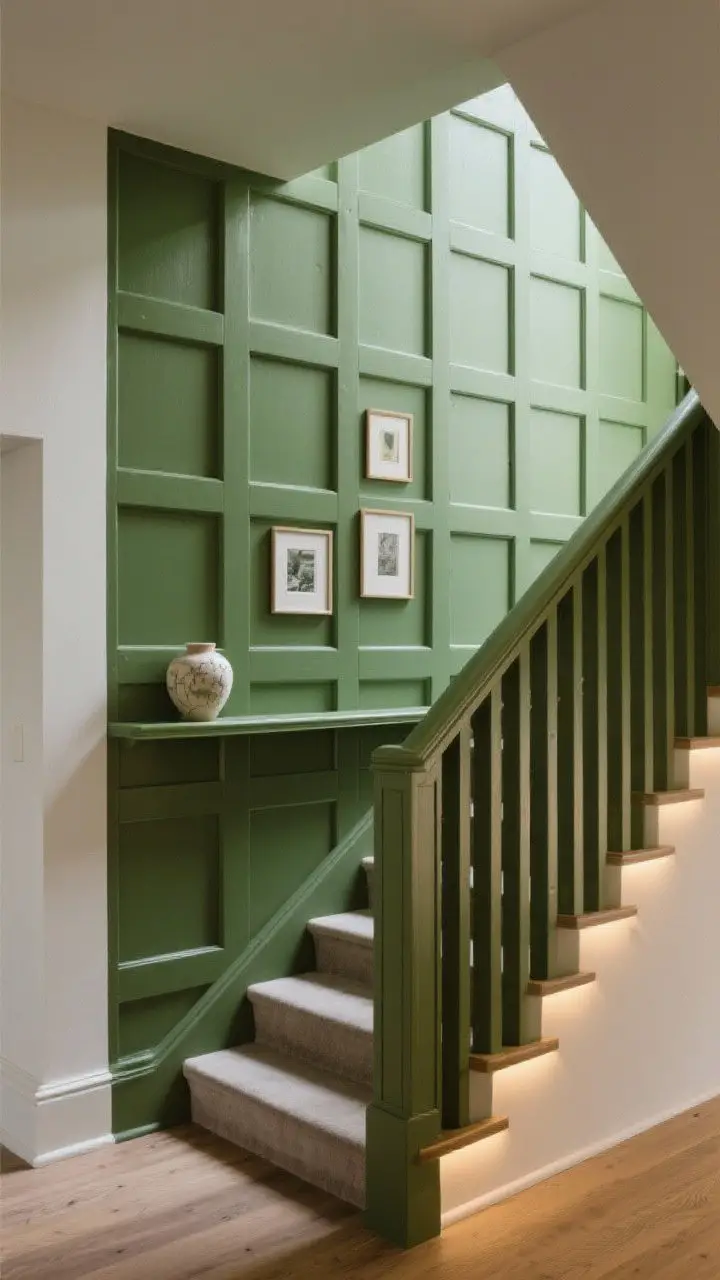 Straight-on medium shot: A staircase accent wall clad in board-and-batten box trim forming a classic, evenly spaced grid. The trim is painted a statement moss green in semi-gloss to highlight depth and shadows. A slim continuous picture ledge integrated at mid-height displays a few small framed prints and a ceramic object. Tall vertical battens near the bottom flight add a sense of height. Warm, indirect lighting emphasizes the architectural texture.