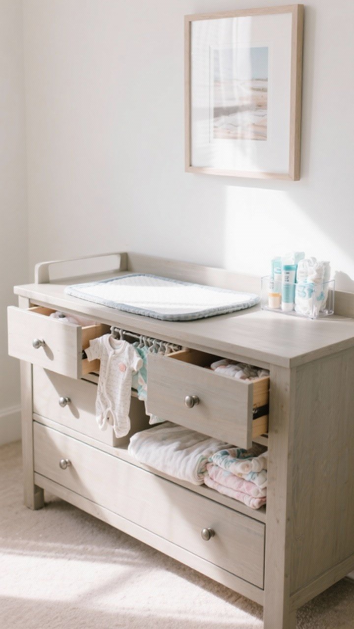 Straight-on medium shot: A sturdy dresser with a secure changing topper, styled with a wipeable changing pad and a tidy acrylic caddy holding creams, wipes, and diapers; drawers slightly open to hint at zones (top with essentials, middle with onesies and sleepers, bottom with blankets and swaddles); pretty upgraded hardware on drawers, and a safely secured framed print above, bright even daylight.