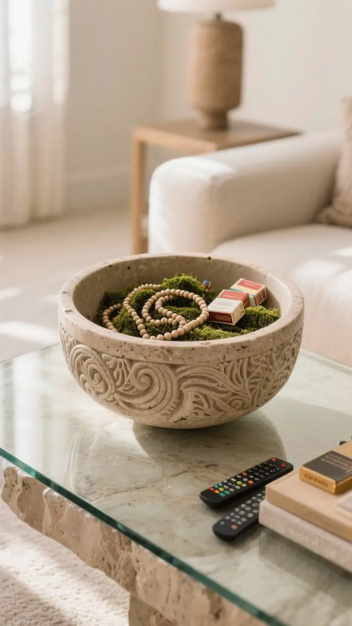 Straight-on medium shot centered on a decorative bowl with personality—carved travertine—anchoring the table; inside: a mix of beaded strands and moss with a few matchbooks; nearby remotes subtly tucked within; glass coffee table variant shows a heavier ceramic bowl to ground the look; neutral, earthy palette; crisp morning light.