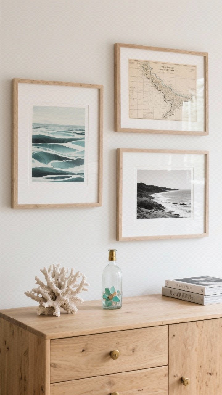 Straight-on medium shot: Curated art wall above a light oak dresser—abstract seascapes, a vintage coastal map, and black-and-white shoreline photography in cohesive frames (light oak, white, antique brass). On the dresser: a single coral piece, a glass bottle with sea glass, and two stacked coffee-table books on marine photography. Muted coastal colors, soft afternoon light.