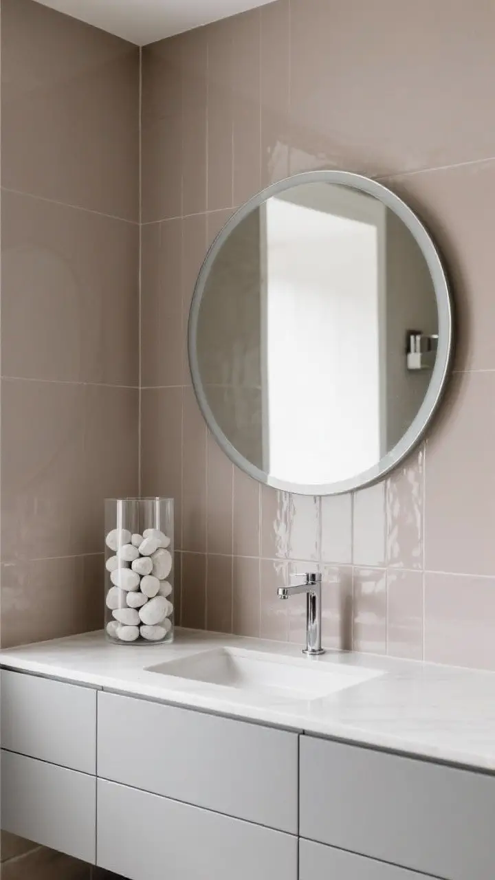 Straight-on medium shot featuring pearly cool taupe walls, glossy tile that adds a subtle sheen, an oversized round mirror with a thin polished chrome frame, and a soft gray lacquered vanity; a glass cylinder filled with stacked white pebbles on the counter; luminous yet calm lighting.