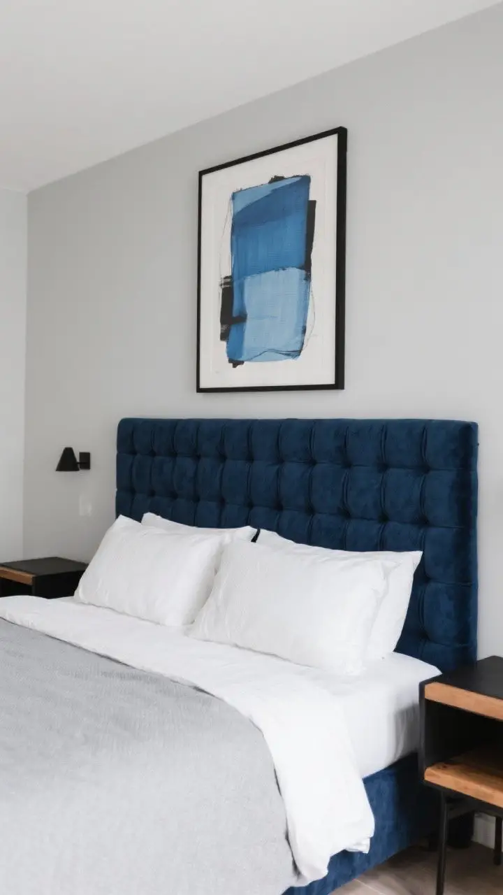 Straight-on medium shot focused on the bed wall: A statement tufted navy headboard (or clean-lined square channel-stitch) centered against pale gray walls; simple white or very light gray bedding, minimal patterns, emphasis on texture; contrasting black or natural wood nightstands; one large artwork centered above the bed—an abstract in blues or a black-and-white photo; uncluttered styling, soft even daylight.