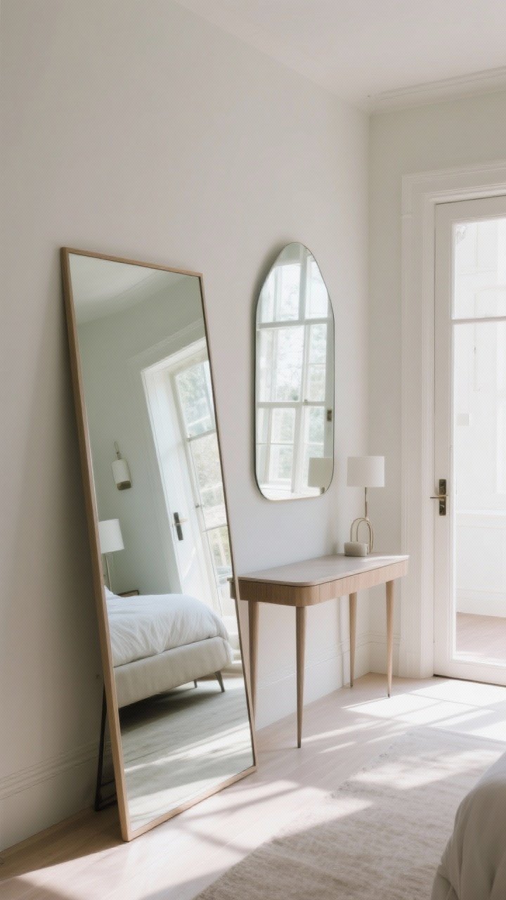 Straight-on medium shot highlighting mirror magic: a large floor mirror leaning in a corner reflecting a window to bounce daylight deeper into the room; a console table with a wall mirror above it creating depth for a small entry zone; bright natural light, clean lines, soft shadows; avoid reflecting the bed directly to keep the scene serene and intentional.