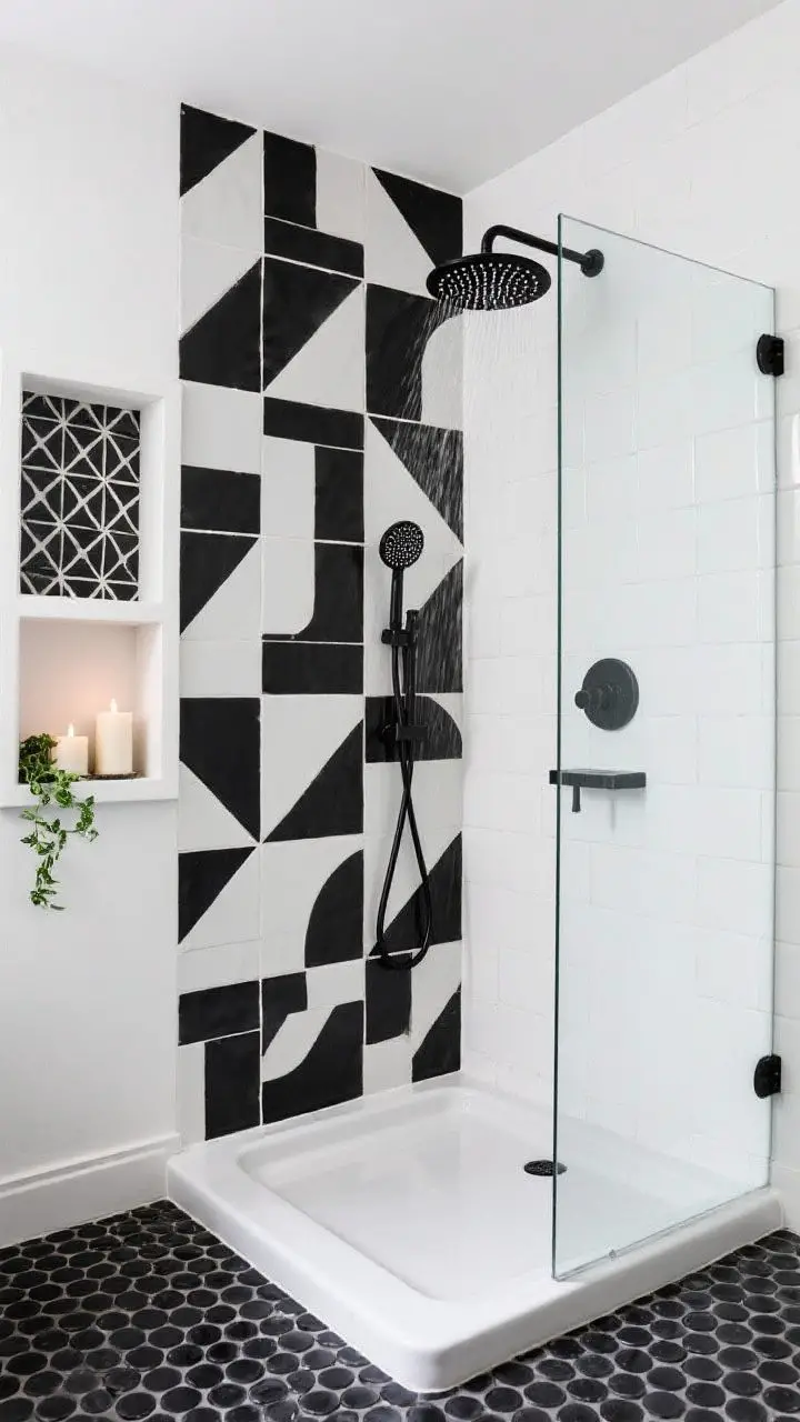 Straight-on medium shot of a bold black-and-white statement shower: one full feature wall in graphic black-and-white geometric cement tiles, side walls in gloss white ceramic; matte black fixtures (rain head, mixer, hand shower) echoing pattern; crisp white acrylic shower pan; streamlined fixed glass panel; outside floor continuing with black penny rounds; niche with pattern tile back and white frame; a shallow wall shelf styled with candles and greenery; bright, even lighting to sharpen contrast.