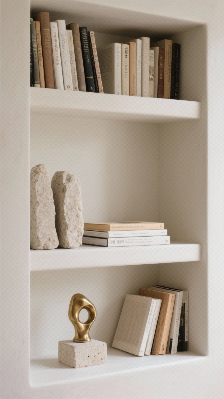 Straight-on medium shot of a built-in bay showing mixed book orientations: vertical spines on the left with stone bookends, a horizontal stack used as a pedestal for a small brass sculpture, and a few books leaning gently against a minimalist frame. Include a note of tonal styling by turning some spines inward for a soft, neutral look. Natural textures—linen, paper, and wood—highlighted in diffused daylight.