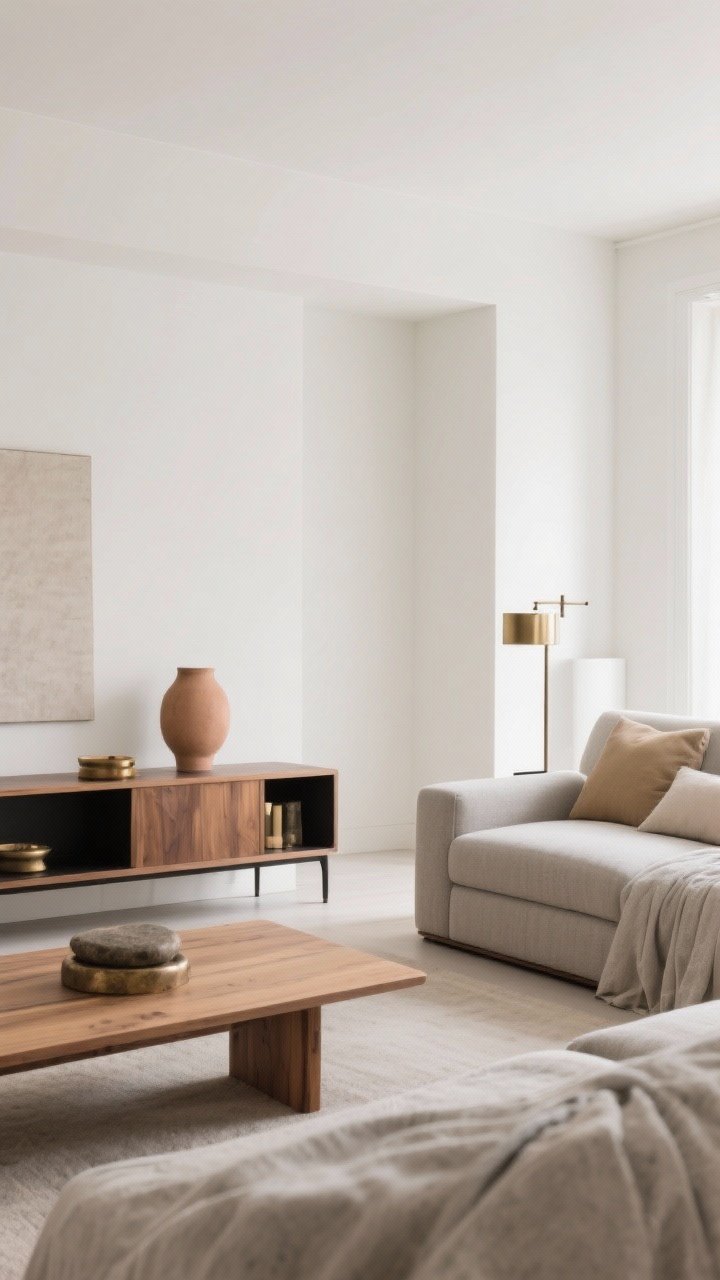 Straight-on medium shot of a calm, soft-modern living space: warm white walls (not icy), greige accents, and soft clay decor pieces; furniture in light oak and walnut with matte black accents; brushed brass and aged bronze metal details for a subtle glow; linen upholstery in sand and pebble gray; minimal yet inviting, cohesive contrast, photorealistic, no people.
