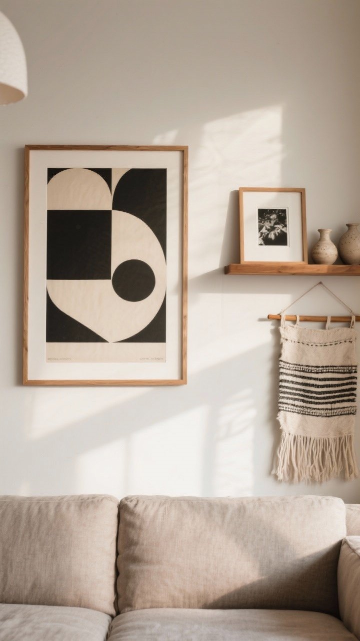 Straight-on medium shot of a curated wall: one large bold graphic print above a sofa in a simple wood frame, a floating shelf to the side styled with a single framed black-and-white photo and two unglazed ceramic pieces, plus a handmade textile hanging on a wooden dowel; balanced, uncluttered composition with warm natural light.
