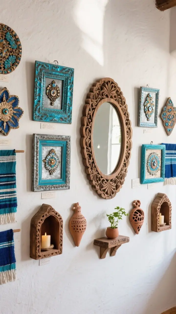 Straight-on medium shot of a heritage wall: a curated gallery of folk pieces including a carved wood mirror as the anchor, tin milagros and frames, small clay artifacts, a few nichos holding a candle and a tiny plant, and textile accents; unified by repeated cobalt and turquoise touches across items; varied materials (tin, wood, clay, textiles) with balanced scale; gentle indirect light to protect finishes.
