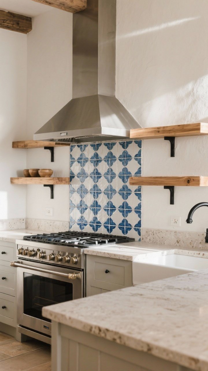 Straight-on medium shot of a kitchen backsplash with modern minimal talavera: geometric two-tone tiles in blue and white, restrained area just behind the range, paired with warm wood open shelves and matte black fixtures; neutral stone counter and surrounding plaster keep it balanced, bright morning light.