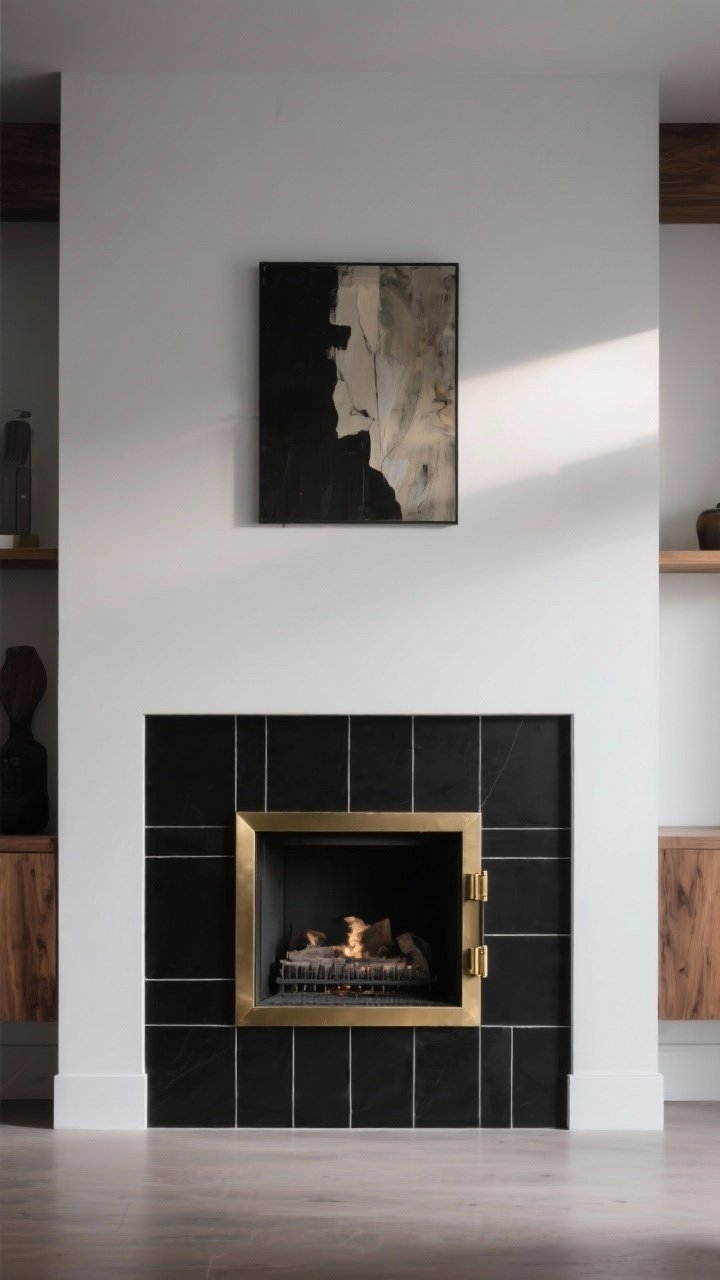 Straight-on medium shot of a matte black tile fireplace surround using rectified porcelain for tight, crisp grout lines, paired with a brushed gold frame and subtle brass hardware for warmth, white walls and natural wood accents around, minimal styling with one large art piece above the mantel, low-contrast, moody modern atmosphere with soft directional light.