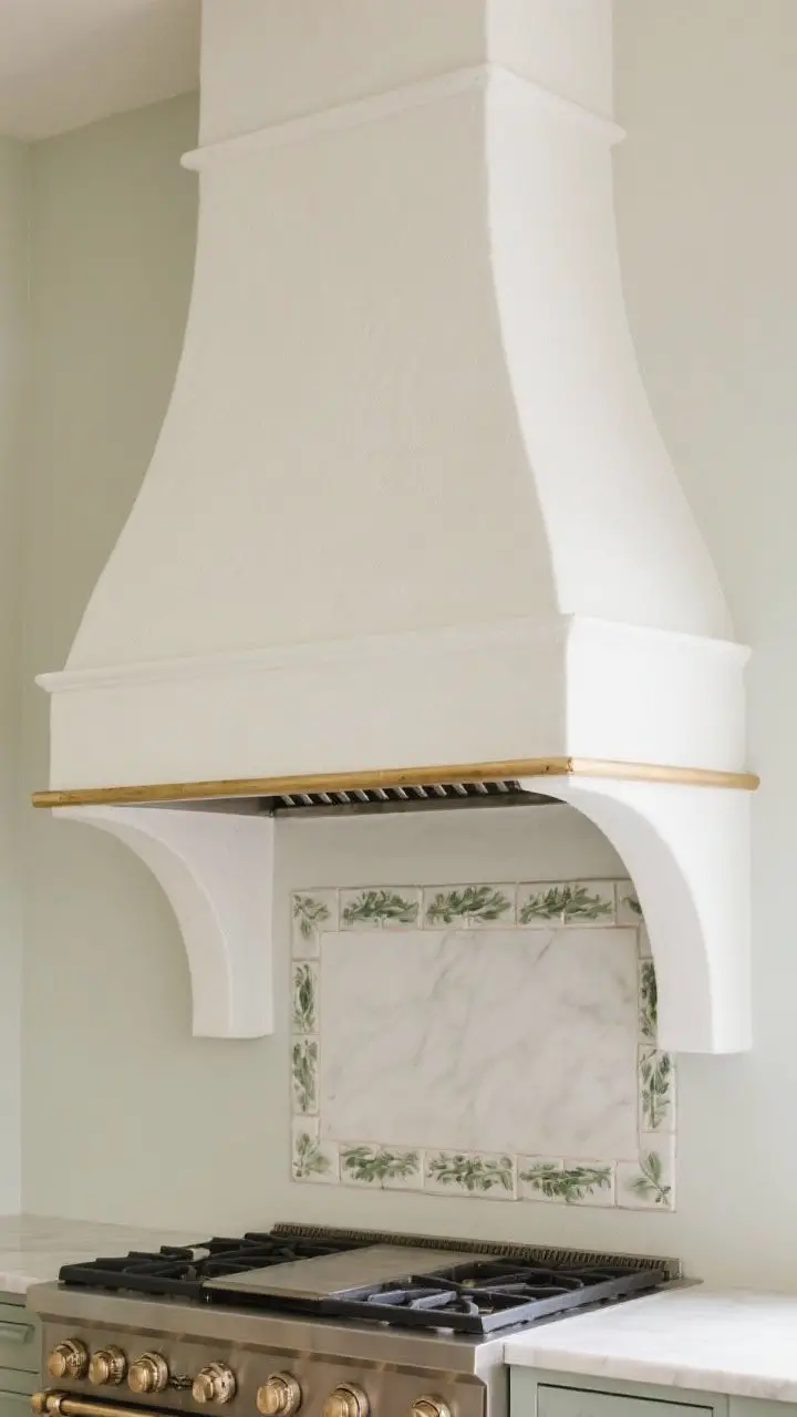 Straight-on medium shot of a sculptural range wall: white plaster range hood with curved edges, minimal trim, and a slim brass band, warm white to blend with limewashed walls; optional frame of hand‑painted trim tiles around the hood; professional insert vent subtly hidden; soft, even lighting emphasizing gentle plaster contours; understated focal point.