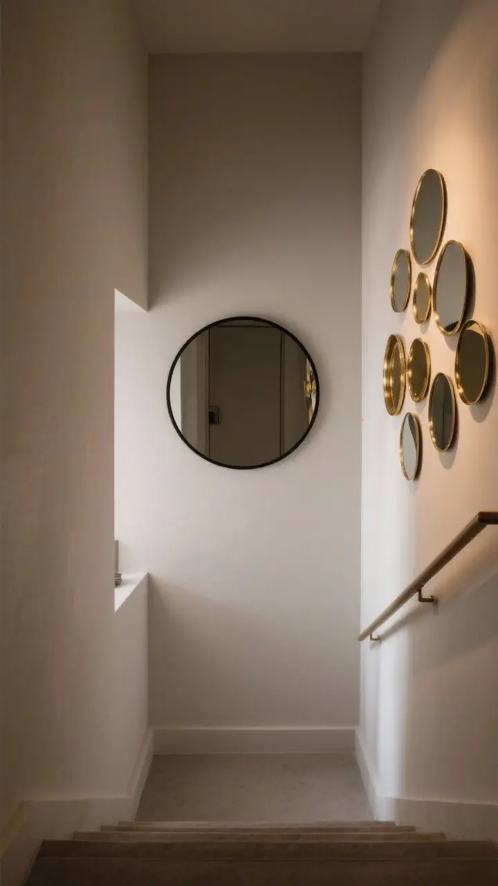 Straight-on medium shot of a stair landing wall featuring an oversized round mirror with a thin black frame as a statement piece, reflecting soft ambient light to make the space feel bigger. Alternative cluster of smaller mixed-shape mirrors shown on an adjacent wall with consistent brass finish. Evening lighting with no direct glare, matte walls, minimal styling below.