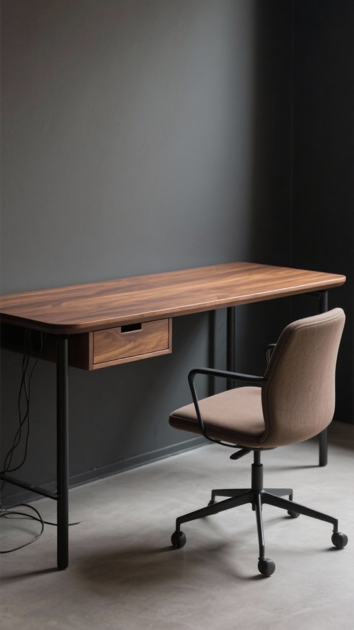 Straight-on medium shot of a streamlined desk with quiet presence: warm walnut wood top with a waterfall edge and slim black metal legs, matte finish; a single discreet drawer for hidden cords; paired with an upholstered, non-plastic desk chair; compact setup that feels substantial yet airy, fitting a small moody office without bulk.
