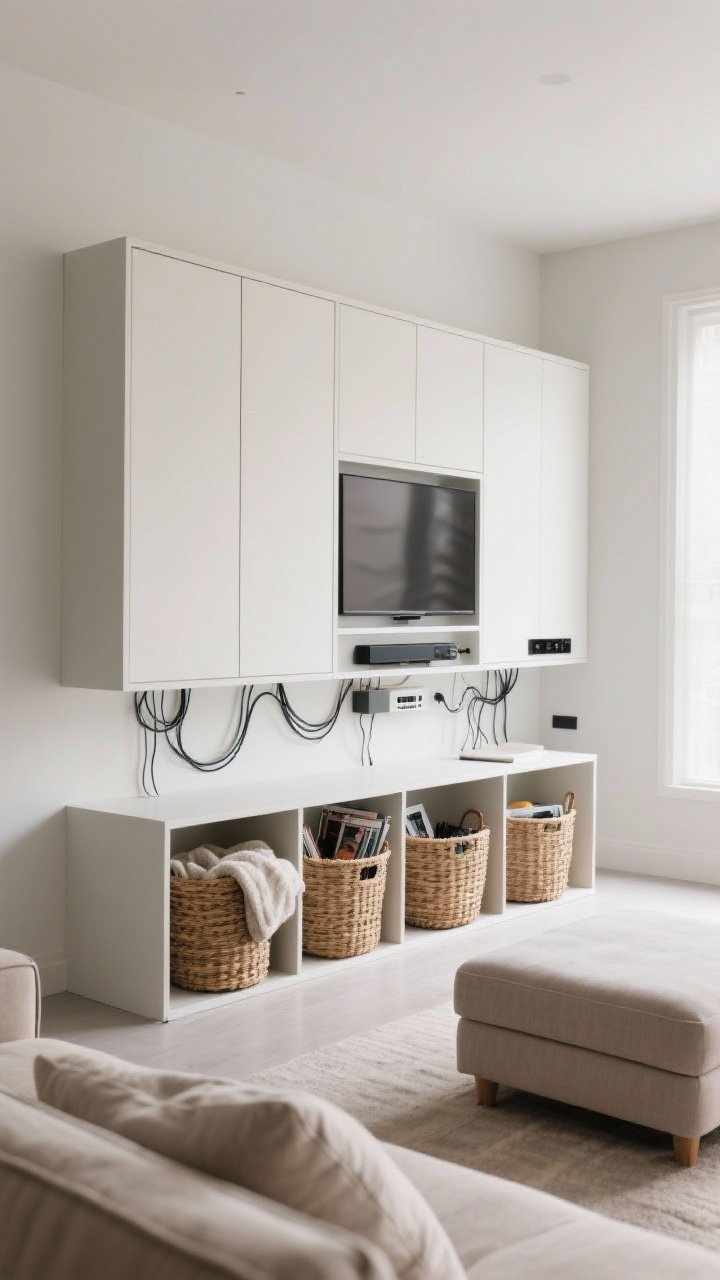 Straight-on medium shot of a tidy media wall with a closed-front media unit concealing consoles and routers; visible cable organizers and a painted cord cover blending into the wall; a storage ottoman and a trio of woven baskets near the sofa—one for blankets, one for magazines, one for miscellaneous; surfaces minimally styled to emphasize spaciousness; clean, uncluttered mood.