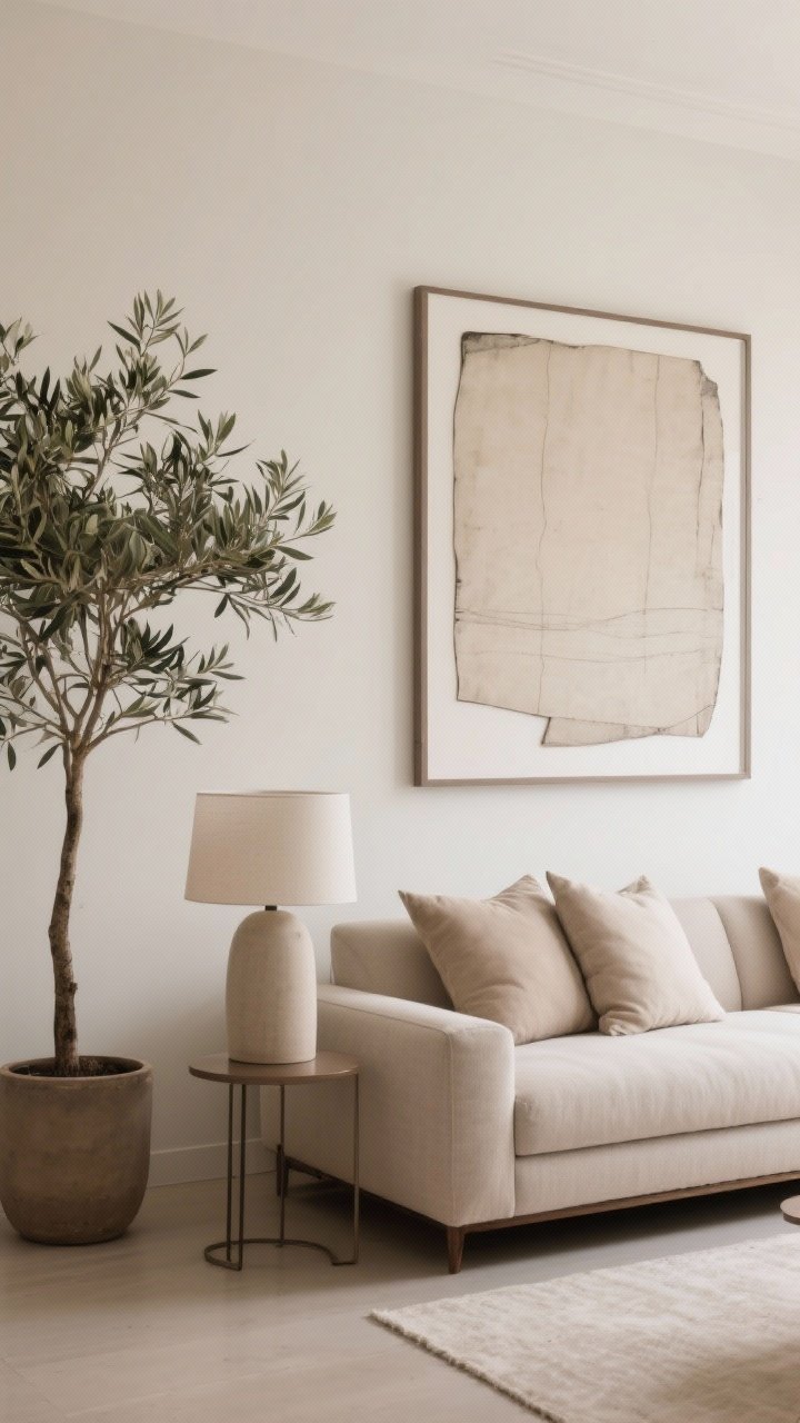 Straight-on medium shot of a wall featuring one oversized art piece in a thin, uniform frame above the sofa; fewer, larger pillows (22–24 inch) in cohesive neutrals on the sofa; one tall statement plant (ficus or olive tree) in a simple pot; a single substantial table lamp; the scale feels calm and intentional, reducing visual clutter.