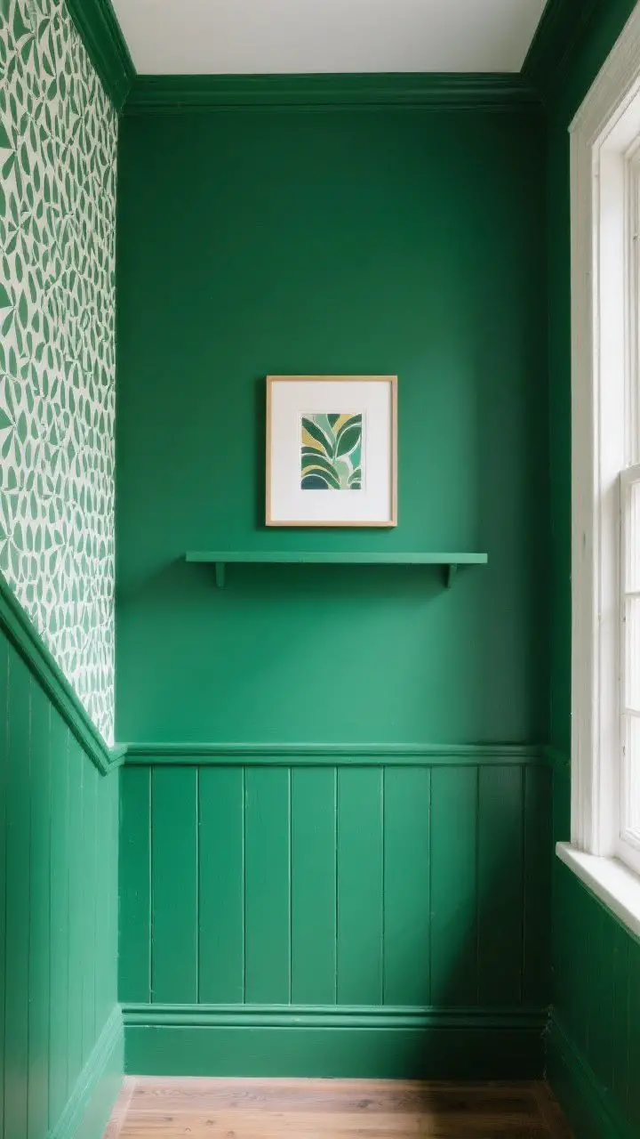 Straight-on medium shot of an accent wall on a landing: board-and-batten paneling painted in a saturated color-drench scheme where walls, trim, and baseboards share the same mossy green hue. A single framed art piece centered to anchor the look, with a slim wall shelf beneath. Optional removable wallpaper sample on a return wall with playful geometric pattern. Daylight diffused to show texture.