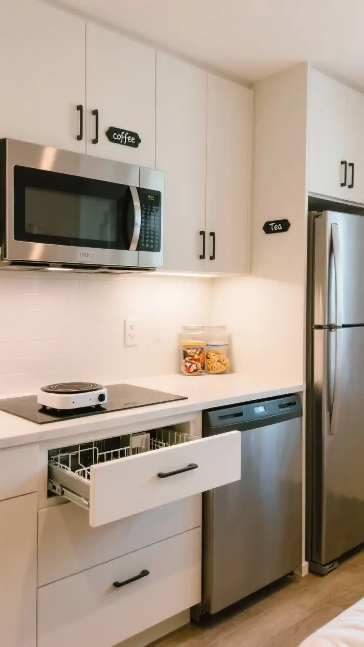 Straight-on medium shot of an Airbnb-ready kitchenette: clean, code-friendly layout with a microwave drawer, a portable single-burner induction cooktop on the counter, undercounter fridge/freezer drawers, and a compact dishwasher. Chic label tags on cabinet doors reading coffee, tea, snacks. Soft neutral finishes, clutter-free, warm white lighting for a welcoming feel.