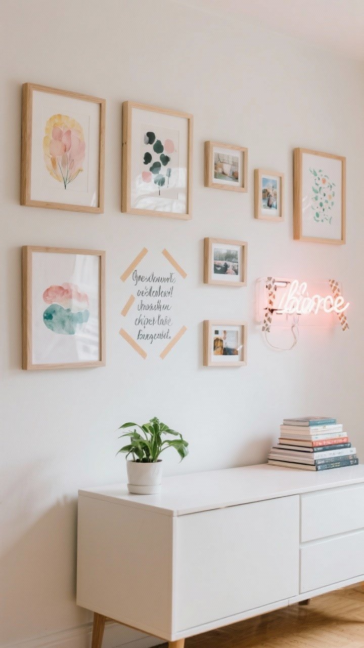 Straight-on medium shot of an art wall showcasing personality: a tidy gallery wall arranged with cohesive frames in light wood; mixed art including watercolor prints, a favorite quote in typography, small photos, and a neon-style LED word sign; use washi tape on a few changeable photo spots; a low dresser beneath with a plant and stacking books; soft natural light; precise alignment and polished look.