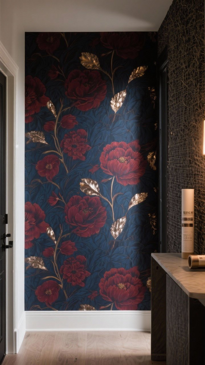 Straight-on medium shot of an entry wall covered in dramatic wallpaper: oversized moody florals in deep navy and oxblood with subtle metallic accents that catch light, adjacent panel with textured grasscloth in charcoal for contrast. Include a removable wallpaper sample roll on a console to imply renter-friendly options. Low, warm lighting grazing the surface to highlight texture; minimal decor so the large-scale pattern feels modern and artful.
