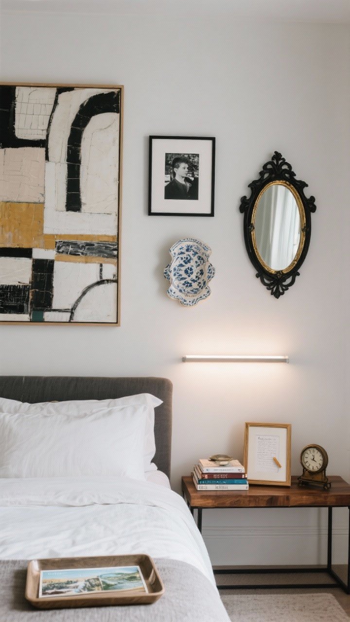 Straight-on medium shot of bed wall: Large-scale art centered above the headboard, illuminated by a slim picture light for gallery glow; mixed media layered nearby—a framed black-and-white photograph, a ceramic wall piece, and a vintage mirror in cohesive black and brass frames; on a bench below, a tray of travel books, a framed note, and a vintage clock; calm, even lighting to highlight curation.